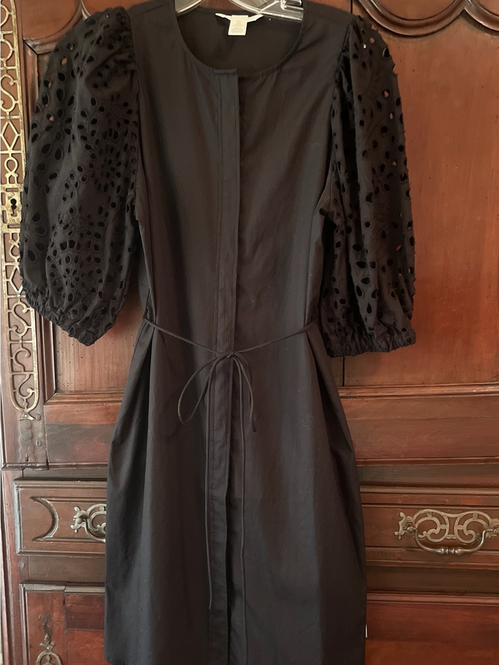 H&M Black Dress Knee Length with Puff Eyelet Sleeves and Waist Tie